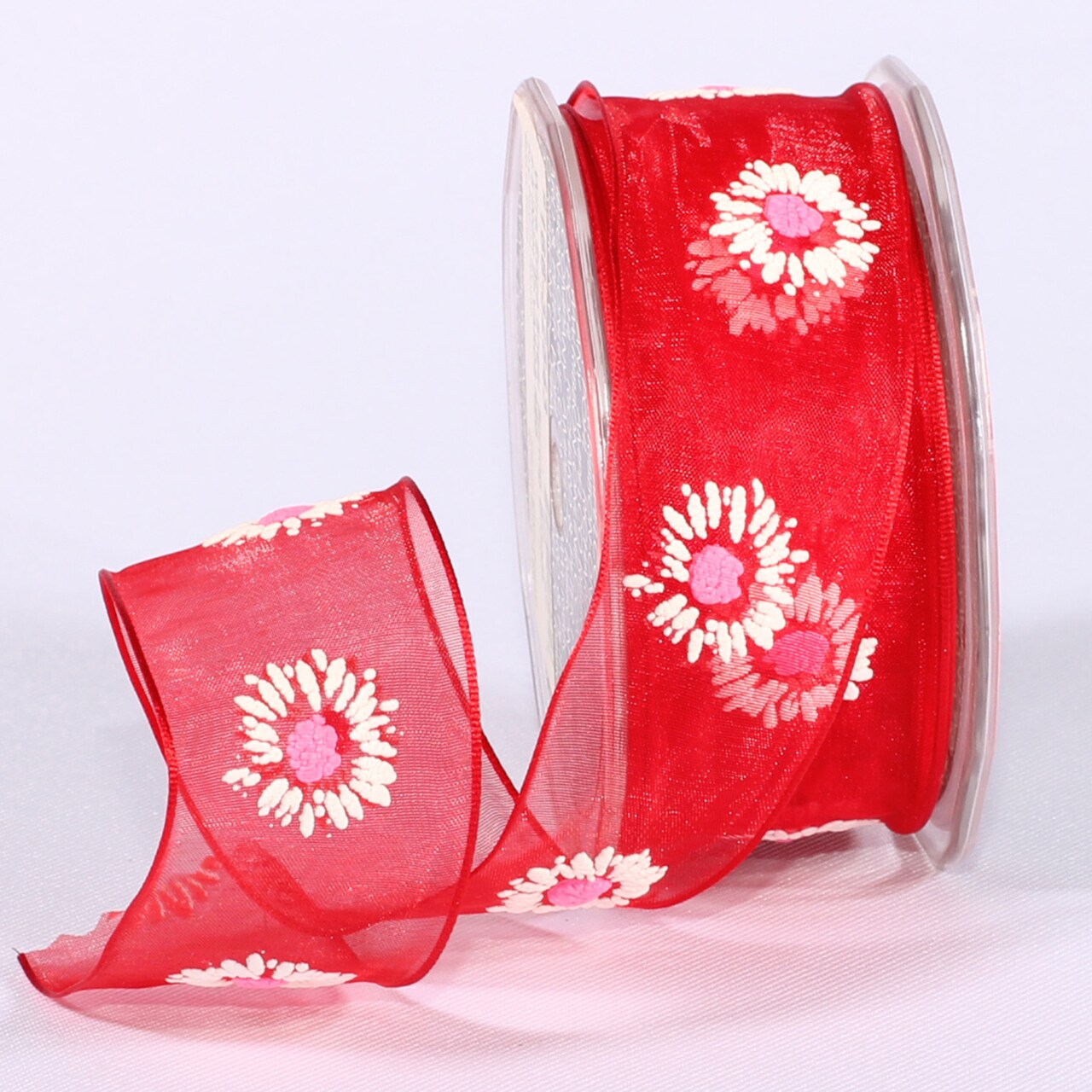 The Ribbon People Red and White Floral Wire Edged Craft Ribbon 1.5" x 27 Yards